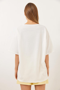 Nakışlı Oversize Örme T-Shirt 3037 60283078 - Beyaz