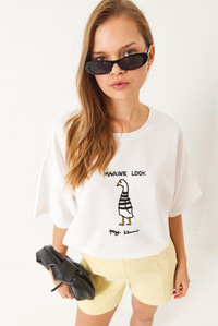 Nakışlı Oversize Örme T-Shirt 3037 60283078 - Beyaz