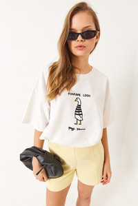 Nakışlı Oversize Örme T-Shirt 3037 60283078 - Beyaz