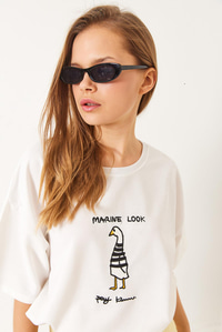 Nakışlı Oversize Örme T-Shirt 3037 60283078 - Beyaz