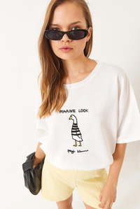 Nakışlı Oversize Örme T-Shirt 3037 60283078 - Beyaz