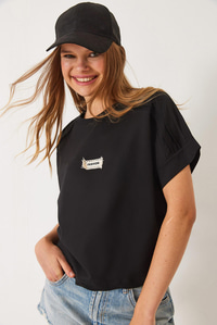 Nervür Dikişli Düşük Kol Basic T-Shirt 60602022 - Siyah