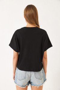 Nervür Dikişli Düşük Kol Basic T-Shirt 60602022 - Siyah