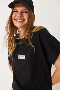 Nervür Dikişli Düşük Kol Basic T-Shirt 60602022 - Siyah