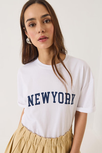New York Baskılı Bisiklet Yaka Oversize T-Shirt 0267 60283155 - Beyaz