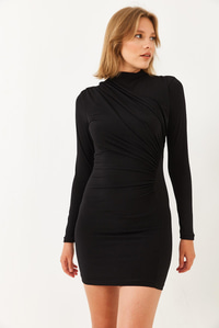 Önü Büzgülü Mini Elbise 60251843 - Siyah ELBİSE modelleri