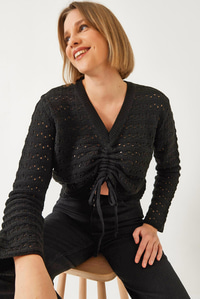 Önü Büzgülü Triko Kazak 20246944 - Siyah KAZAK modelleri