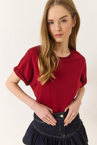 Organik Pamuklu Regular Kalıp Bisiklet Yaka Basic Kısa Kollu T-Shirt 60602048 - Bordo