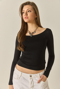 Oval Yaka Uzun Kollu Slim Fit Saran Modal Basic Bluz 60283125 - Siyah