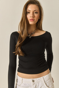 Oval Yaka Uzun Kollu Slim Fit Saran Modal Basic Bluz 60283125 - Siyah