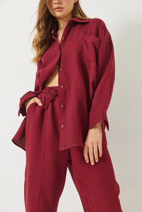 Oversize Gömlek Şalvar Pantolon Müslin Alt-Üst Takım 9259 60283113 - Bordo