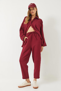 Oversize Gömlek Şalvar Pantolon Müslin Alt-Üst Takım 9259 60283113 - Bordo