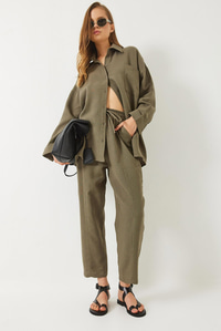 Oversize Gömlek Şalvar Pantolon Müslin Alt-Üst Takım 9259 60283113 - Haki