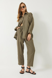 Oversize Gömlek Şalvar Pantolon Müslin Alt-Üst Takım 9259 60283113 - Haki