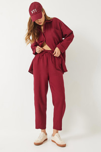 Oversize Gömlek Şalvar Pantolon Müslin Alt-Üst Takım 9259 60283113 - Bordo
