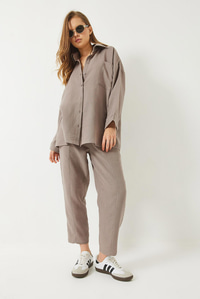 Oversize Gömlek Şalvar Pantolon Müslin Alt-Üst Takım 9259 60283113 - Vizon