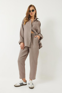 Oversize Gömlek Şalvar Pantolon Müslin Alt-Üst Takım 9259 60283113 - Vizon