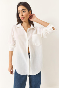 Oversize Tek Cep Detaylı Keten Gömlek 20153 60283238 - Beyaz