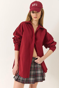 Oversize Terikoton Poplin Gömlek 34225 60284043 - Bordo