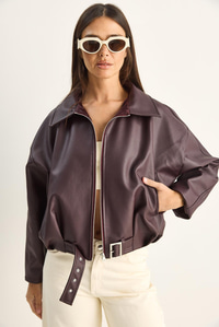 Oversize Tokalı Deri Ceket 3137 60284058 - Bordo MONT modelleri