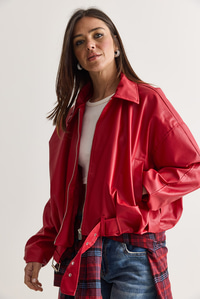 Oversize Tokalı Deri Ceket 3137 60284058 - Kırmızı MONT modelleri