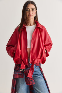 Oversize Tokalı Deri Ceket 3137 60284058 - Kırmızı MONT modelleri