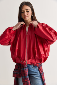 Oversize Tokalı Deri Ceket 3137 60284058 - Kırmızı MONT modelleri