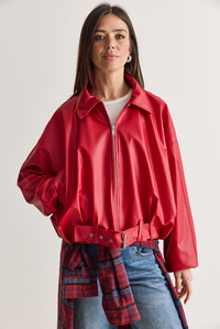 Oversize Tokalı Deri Ceket 3137 60284058 - Kırmızı MONT modelleri
