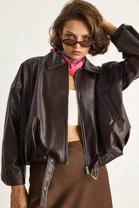 Oversize Tokalı Deri Ceket 3137 60284058 - Kahve DIŞ GİYİM modelleri