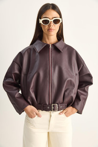 Oversize Tokalı Deri Ceket 3137 60284058 - Bordo MONT modelleri