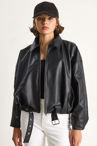 Oversize Tokalı Deri Ceket 3137 60284058 - Siyah DIŞ GİYİM modelleri
