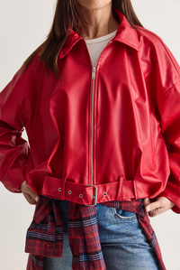 Oversize Tokalı Deri Ceket 3137 60284058 - Kırmızı MONT modelleri