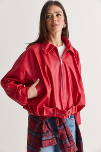 Oversize Tokalı Deri Ceket 3137 60284058 - Kırmızı MONT modelleri