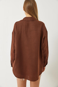 Oversize Uzun Kollu Müslin Basic Gömlek 34363 60282004 - Kahverengi