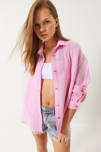 Oversize Uzun Kollu Müslin Basic Gömlek 34363 60282004 - Pembe