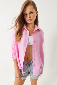 Oversize Uzun Kollu Müslin Basic Gömlek 34363 60282004 - Pembe