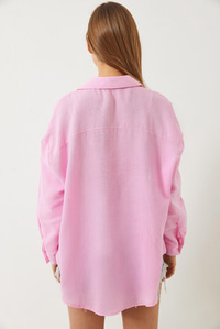 Oversize Uzun Kollu Müslin Basic Gömlek 34363 60282004 - Pembe