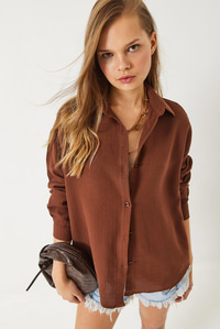 Oversize Uzun Kollu Müslin Basic Gömlek 34363 60282004 - Kahverengi