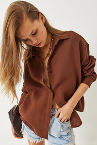 Oversize Uzun Kollu Müslin Basic Gömlek 34363 60282004 - Kahverengi