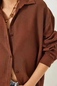 Oversize Uzun Kollu Müslin Basic Gömlek 34363 60282004 - Kahverengi