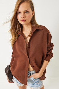 Oversize Uzun Kollu Müslin Basic Gömlek 34363 60282004 - Kahverengi