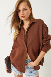 Oversize Uzun Kollu Müslin Basic Gömlek 34363 60282004 - Kahverengi