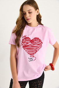 Pamuklu Kısa Kollu Bisiklet Yaka Kalp Nakışlı T-Shirt 60602028 - Pembe