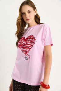 Pamuklu Kısa Kollu Bisiklet Yaka Kalp Nakışlı T-Shirt 60602028 - Pembe