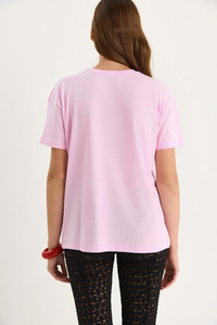 Pamuklu Kısa Kollu Bisiklet Yaka Kalp Nakışlı T-Shirt 60602028 - Pembe