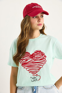 Pamuklu Kısa Kollu Bisiklet Yaka Kalp Nakışlı T-Shirt 60602028 - Mint Yeşili