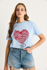 Pamuklu Kısa Kollu Bisiklet Yaka Kalp Nakışlı T-Shirt 60602028 - Bebe Mavisi