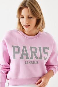 Paris Baskılı Üç İplik Şardonlu Sweatshirt - Şeker Pembe SWEATSHİRT modelleri