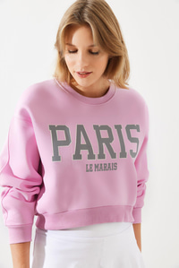 Paris Baskılı Üç İplik Şardonlu Sweatshirt - Şeker Pembe SWEATSHİRT modelleri
