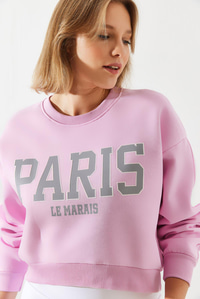 Paris Baskılı Üç İplik Şardonlu Sweatshirt - Şeker Pembe SWEATSHİRT modelleri